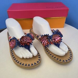 Kate Spade Idette Fringe Rosette Pom Sandal Flip Flop Blue Tangelo Tan Women’s 9